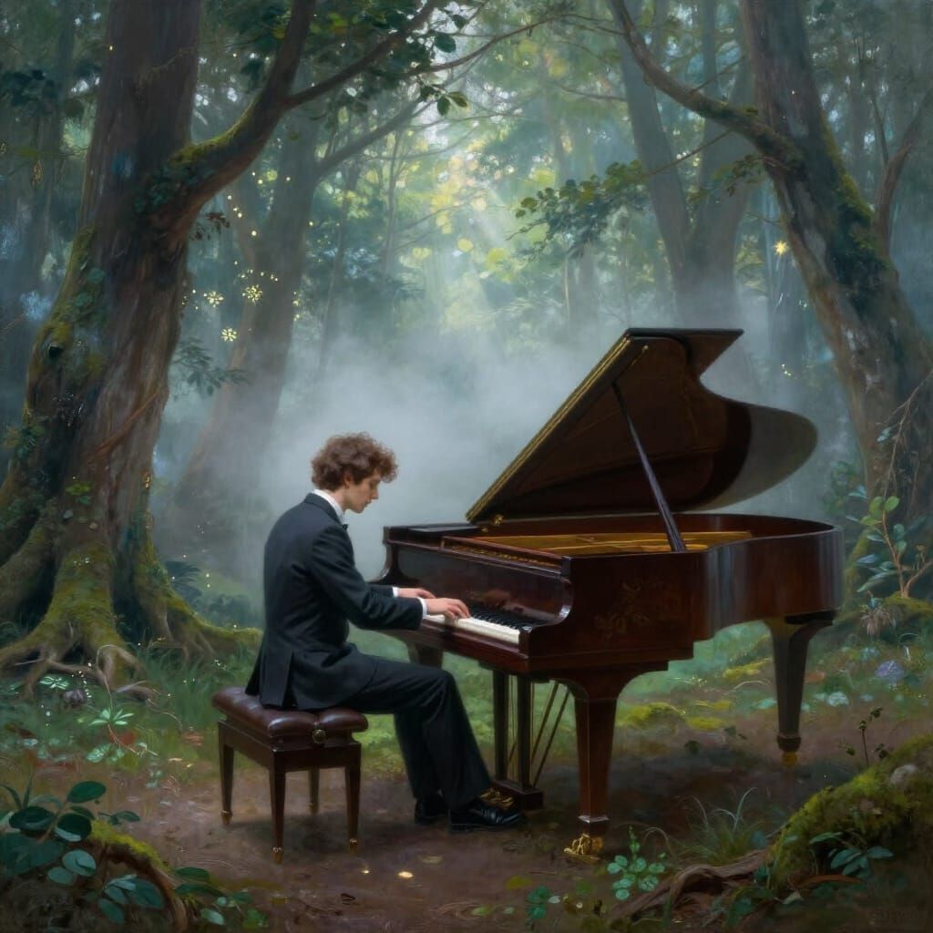 Enchanted Forest Pianist in Atmospheric Oil Painting Style