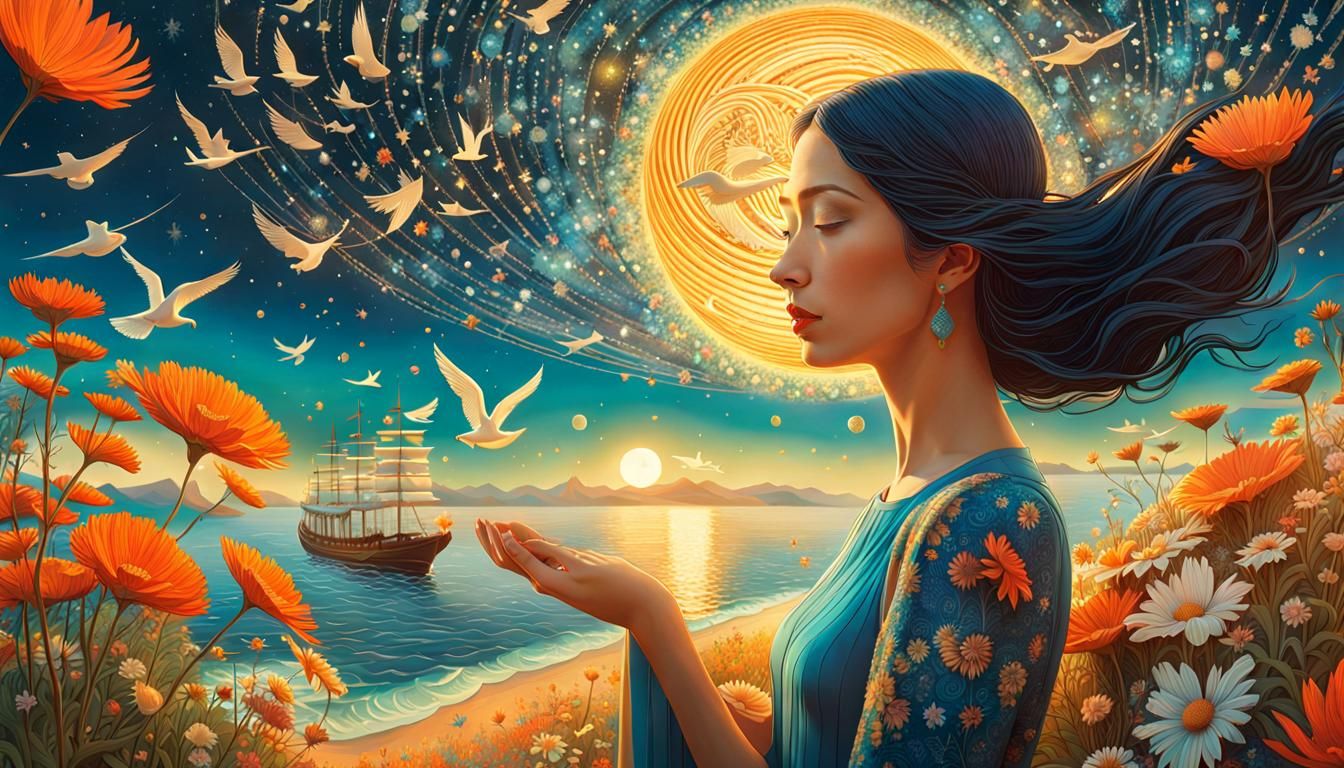Woman Holding the Cosmos: Surreal Fairytale Art