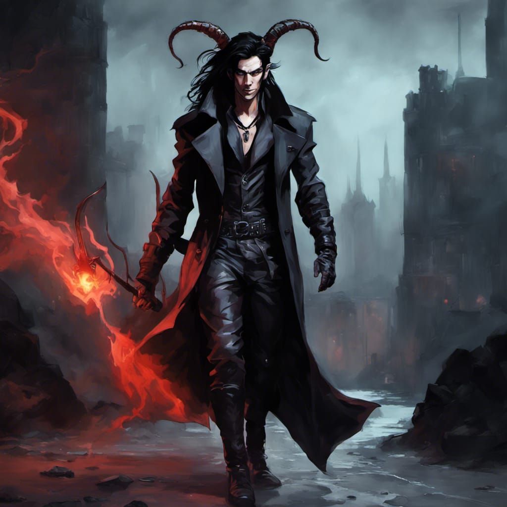 Tiefling in Black Trench Coat with Long Hair