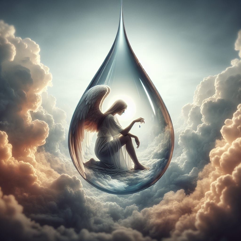 Angel Encased in Teardrop with Cloudy Sky