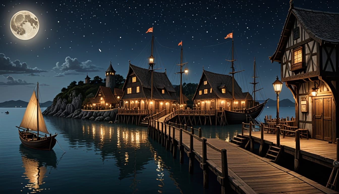 Medieval Seaside Tavern Under Starry Night