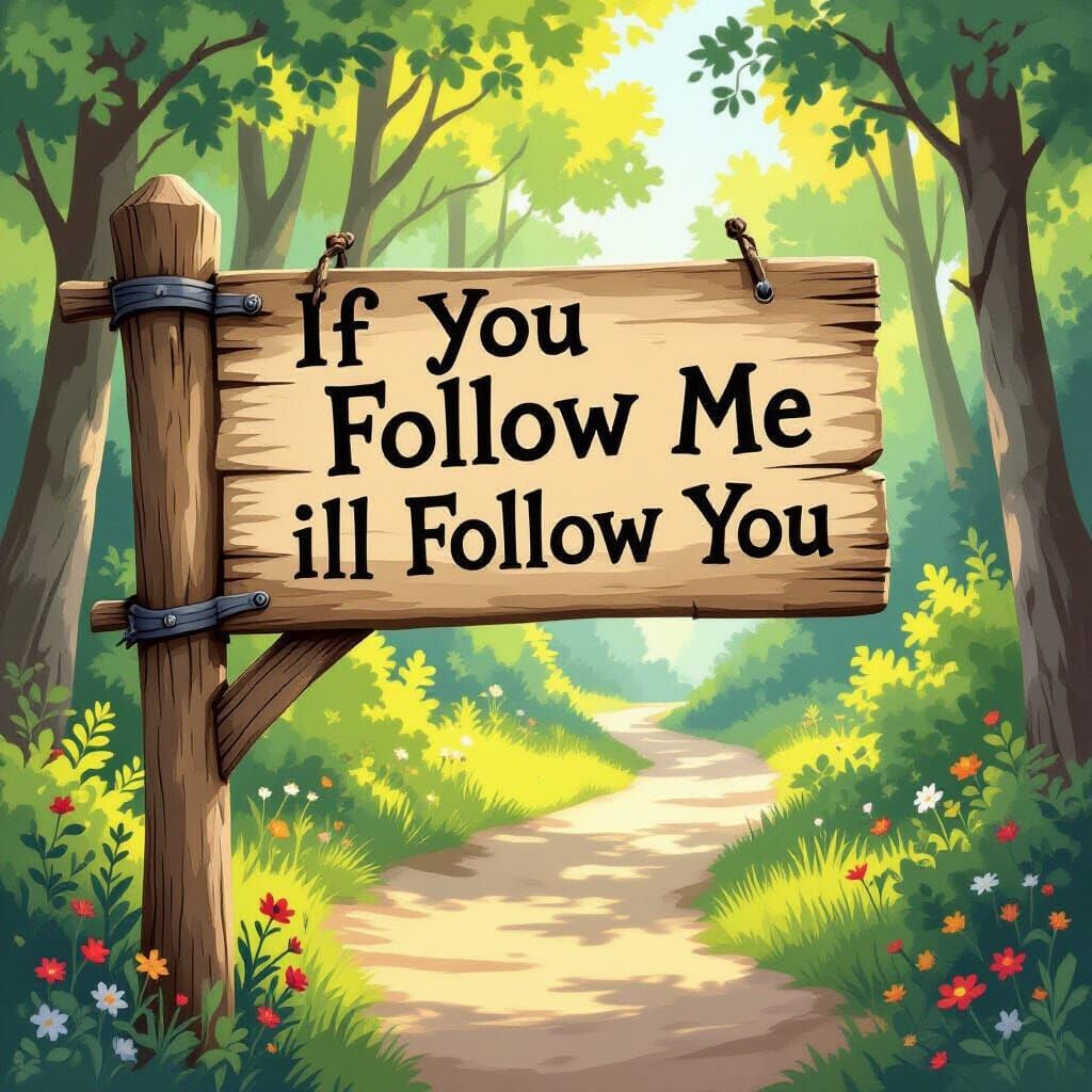 Whimsical Forest Signpost "If You Follow Me" Storybook Style