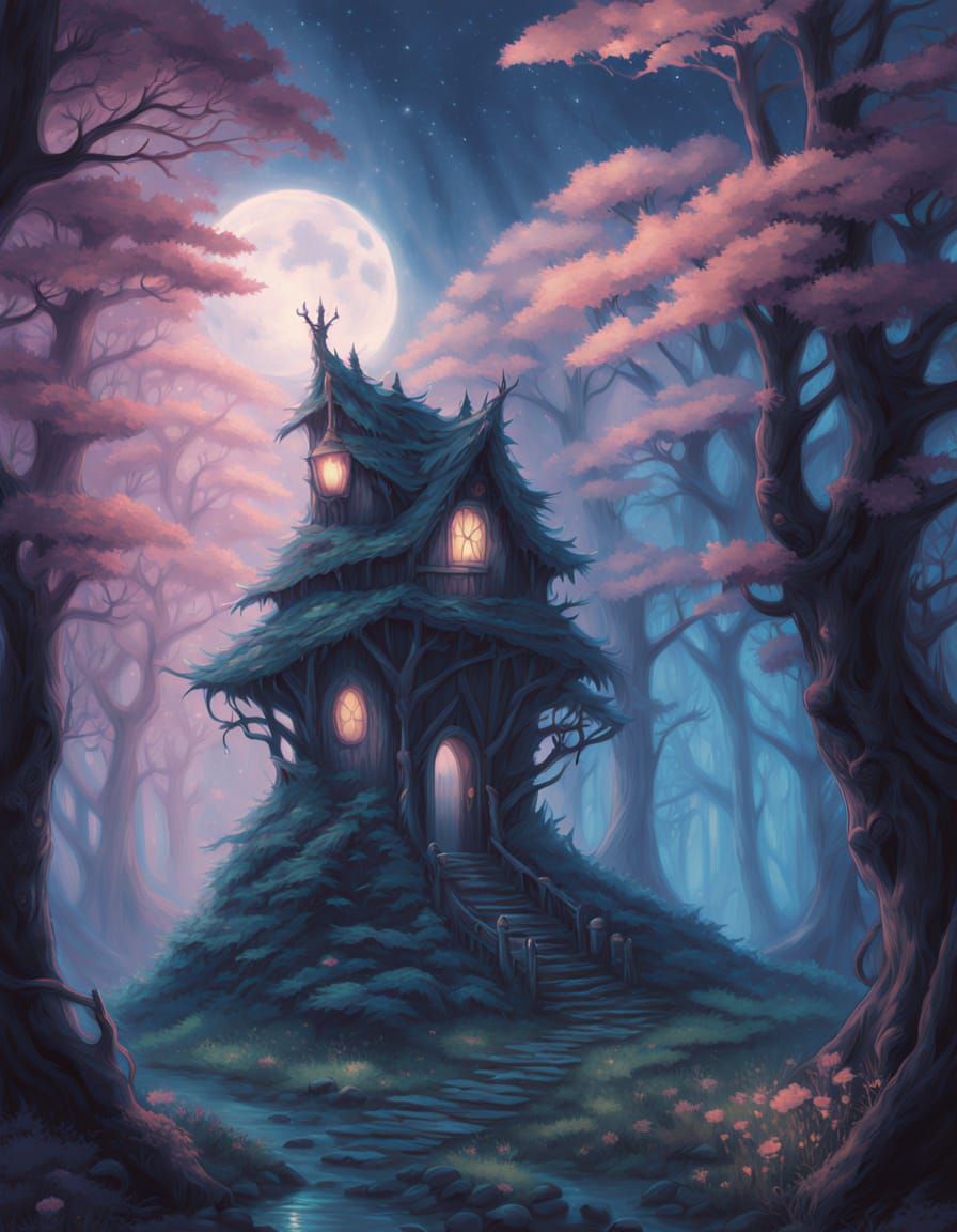 Mystical Forest Clearing with Fairy Door at Night