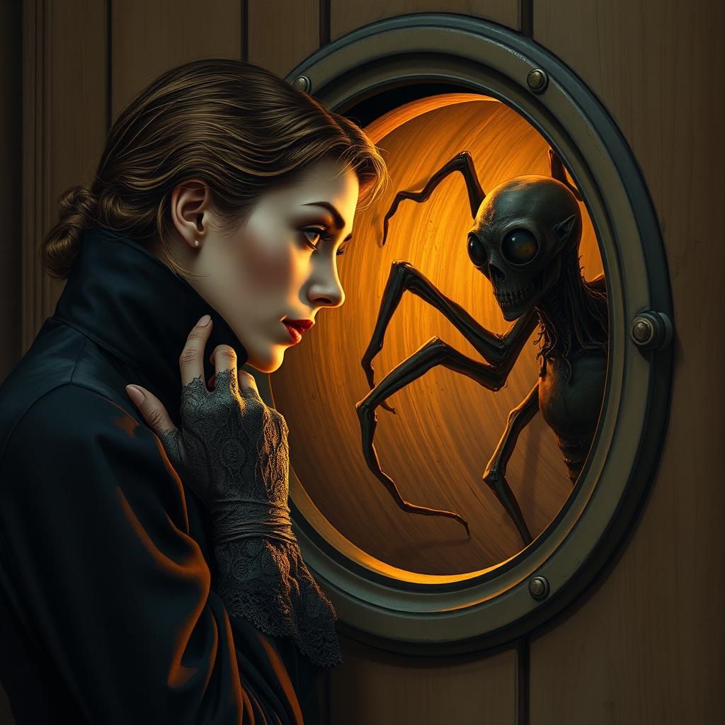 side profile view of a lady looking through a peephole in a ...