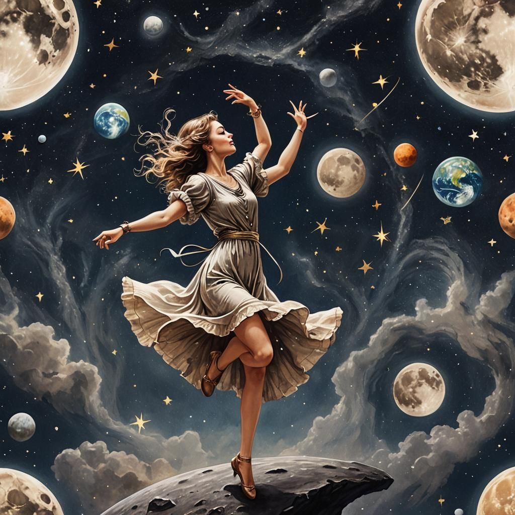 Woman Dancing on the Moon Under Starry Sky
