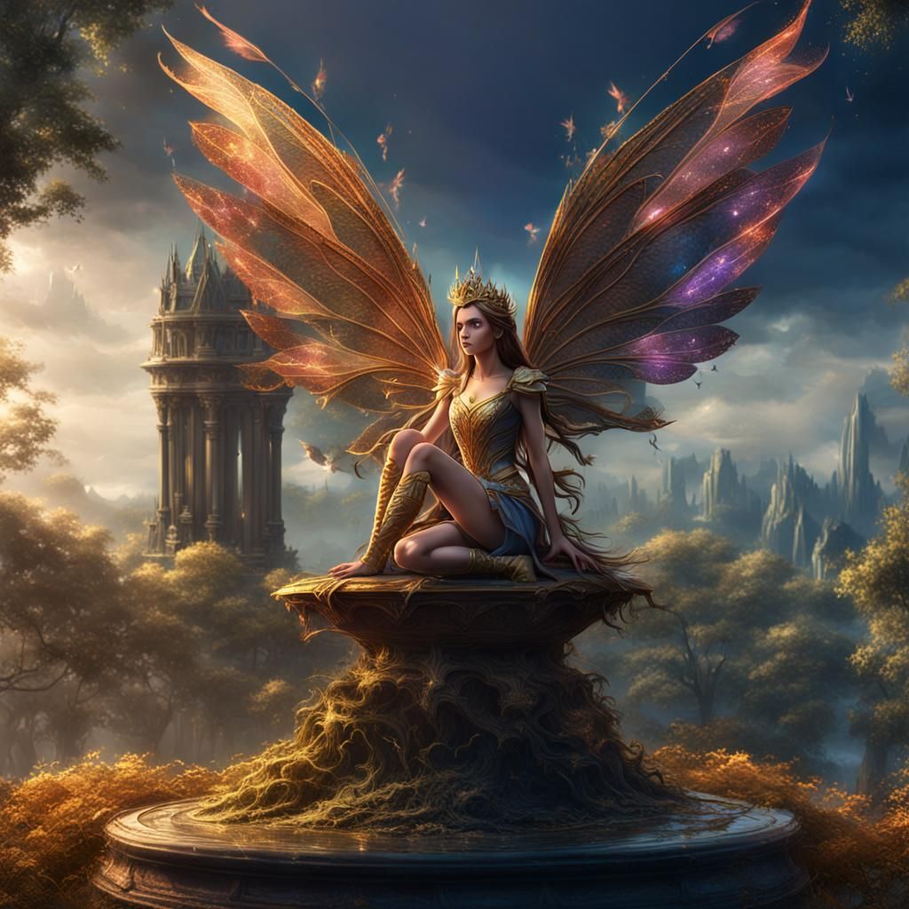 Kneeling Fairy on Royal Victory: Detailed Matte Painting
