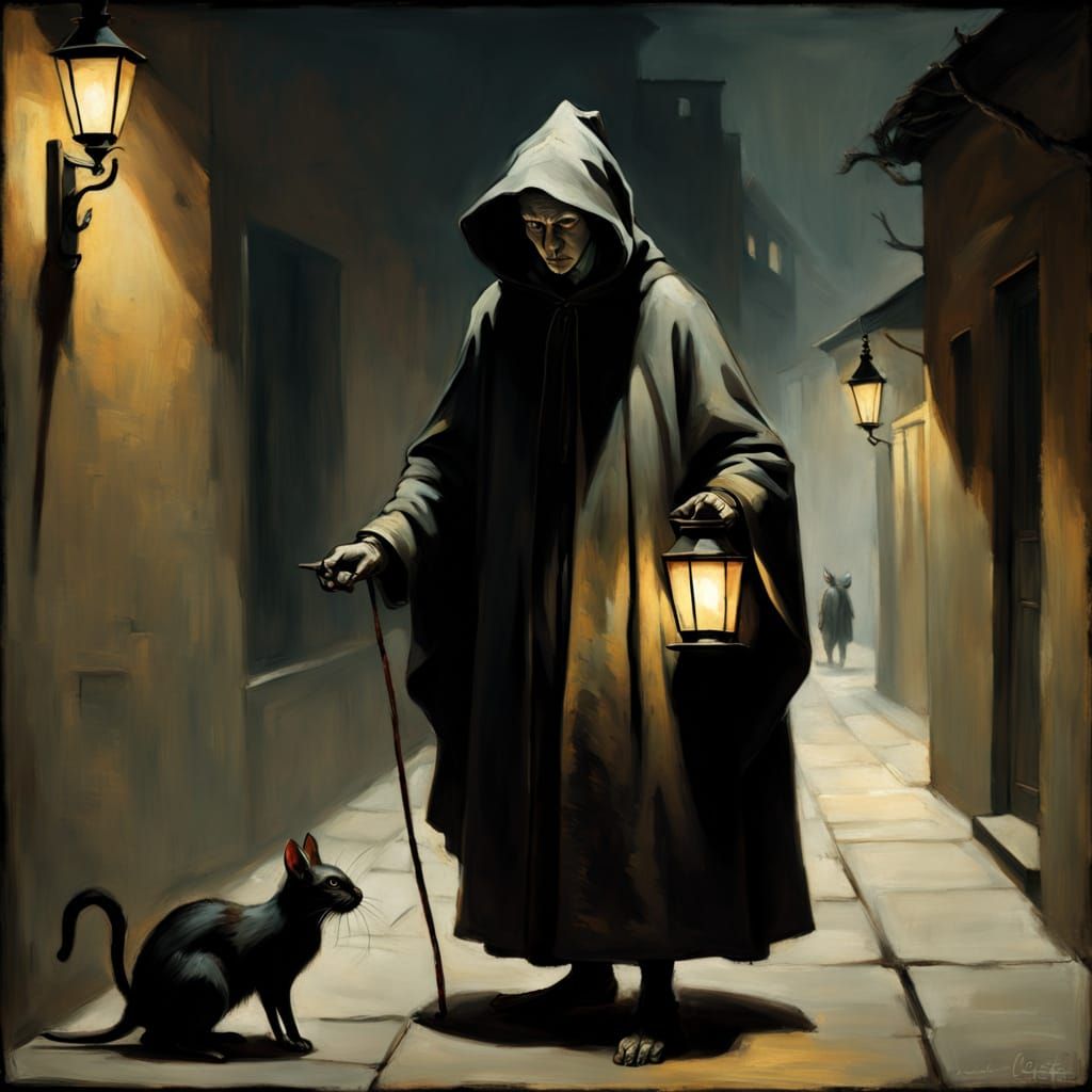 Cloaked Figure with Rat and Cat Tail, Holding Lantern