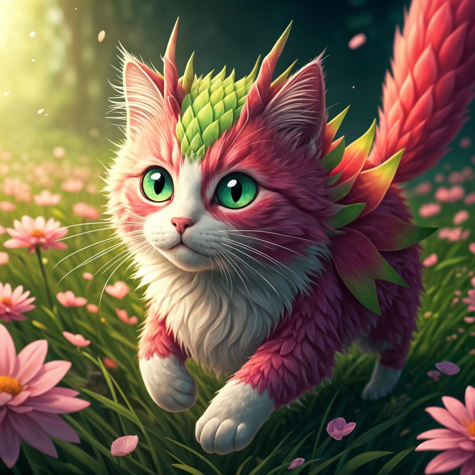 Whimsical Feline Dragon Fruit Sprite