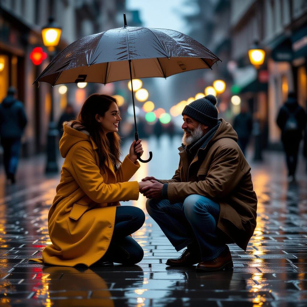 Compassionate Woman Shares Umbrella with Homeless Man in Gen...