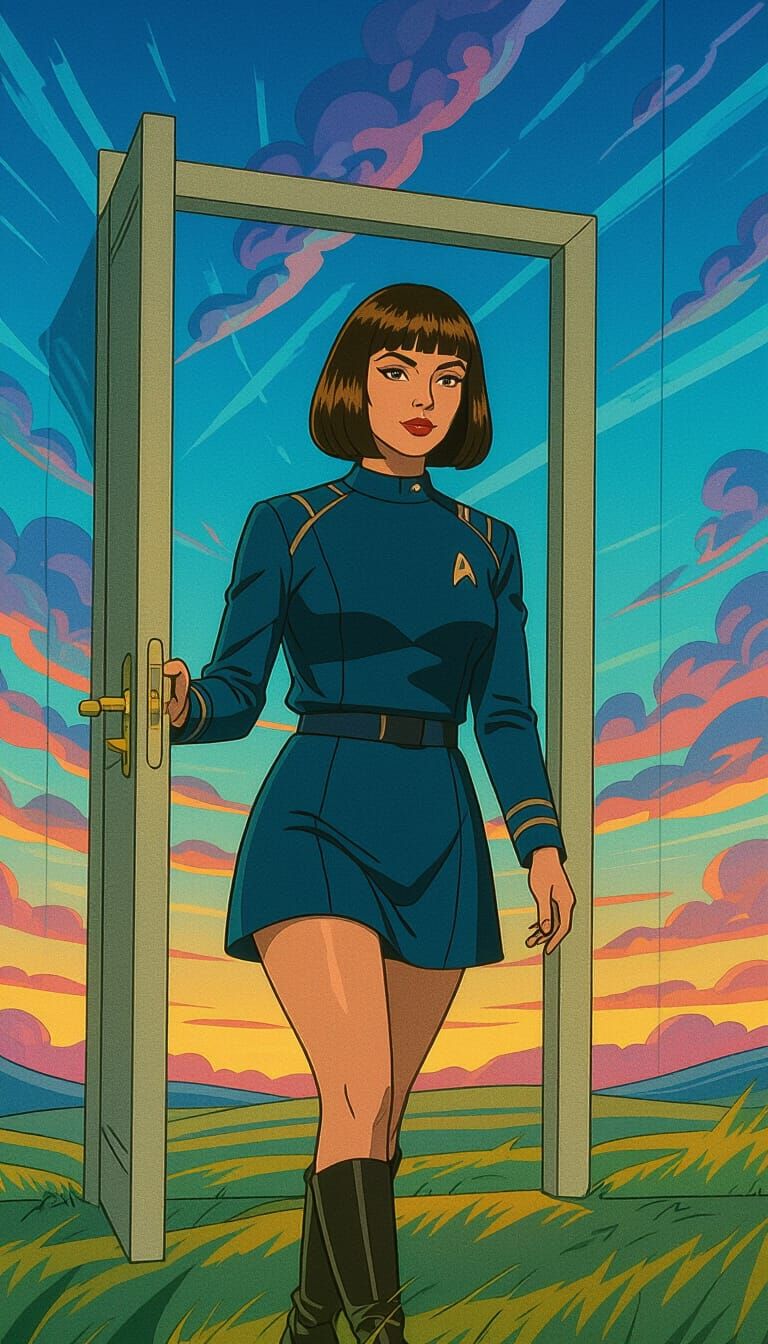 Starfleet Officer Walks Through Doorway in Cartoonish World