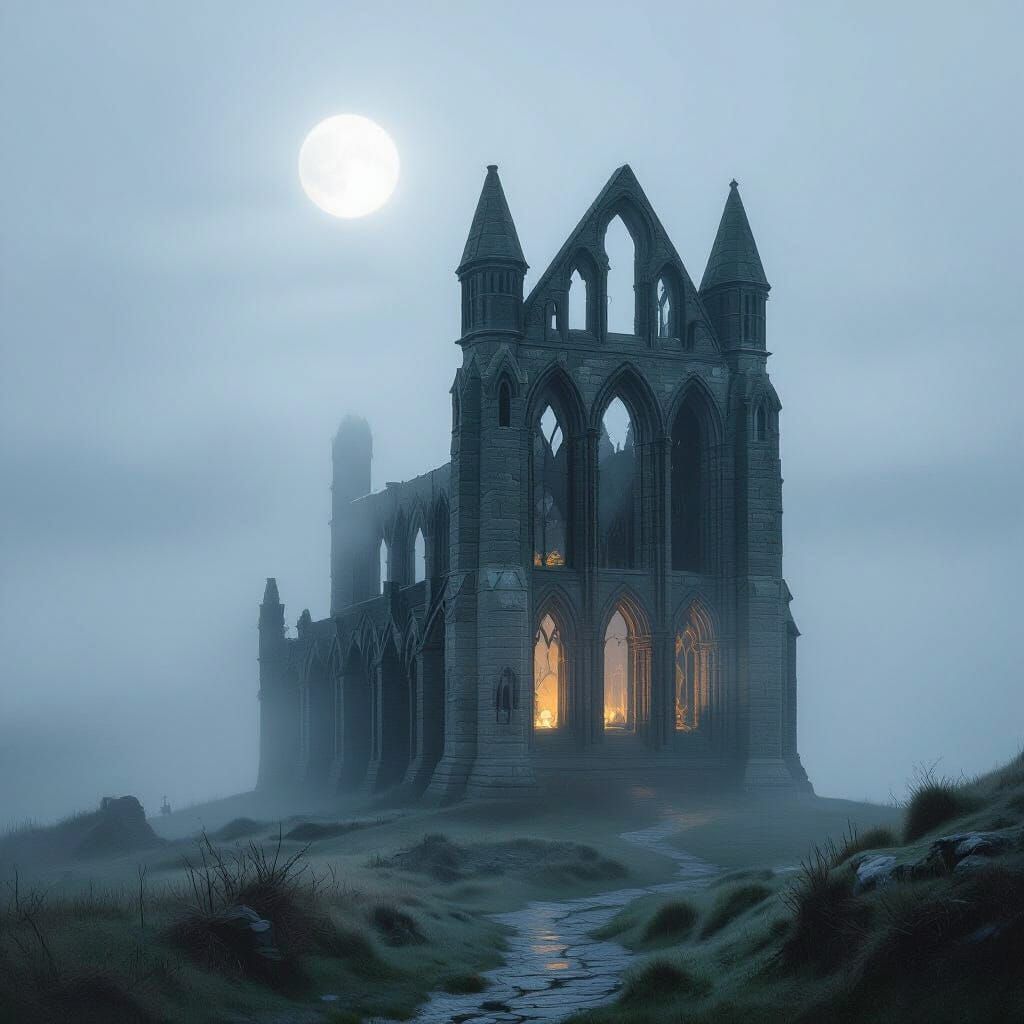 Moonlit Whitby Abbey in Atmospheric Landscape Style