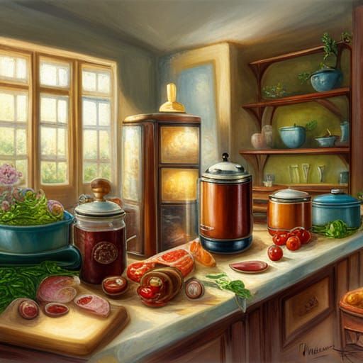 Ethereal Fantasy Kitchen Scene in Kinkade Style