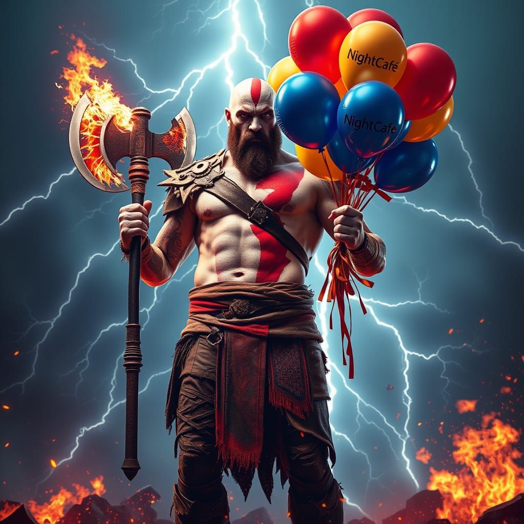 Kratos with Balloons in a Fiery, Electric Storm