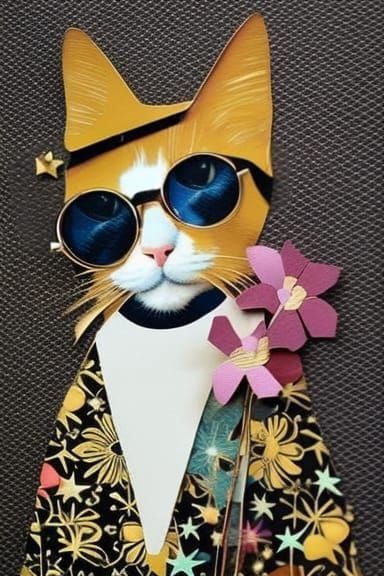 Whimsical Cat Portrait in Collage Style