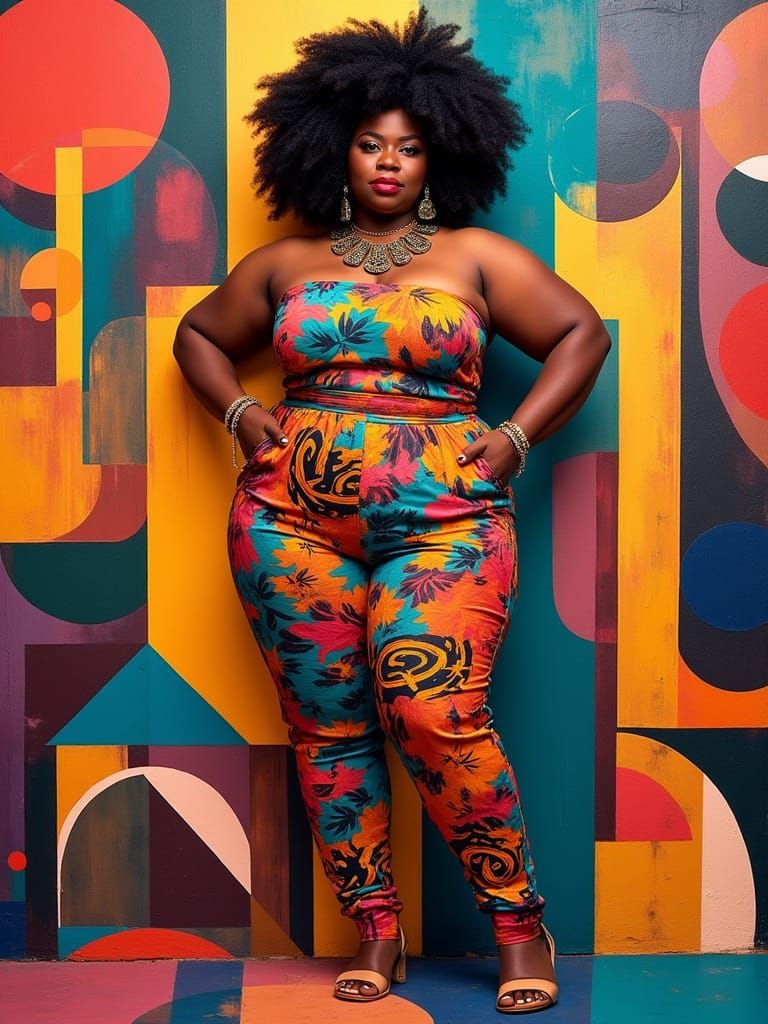 Confident Plus Size Woman in Vibrant Cubist Abstract Art