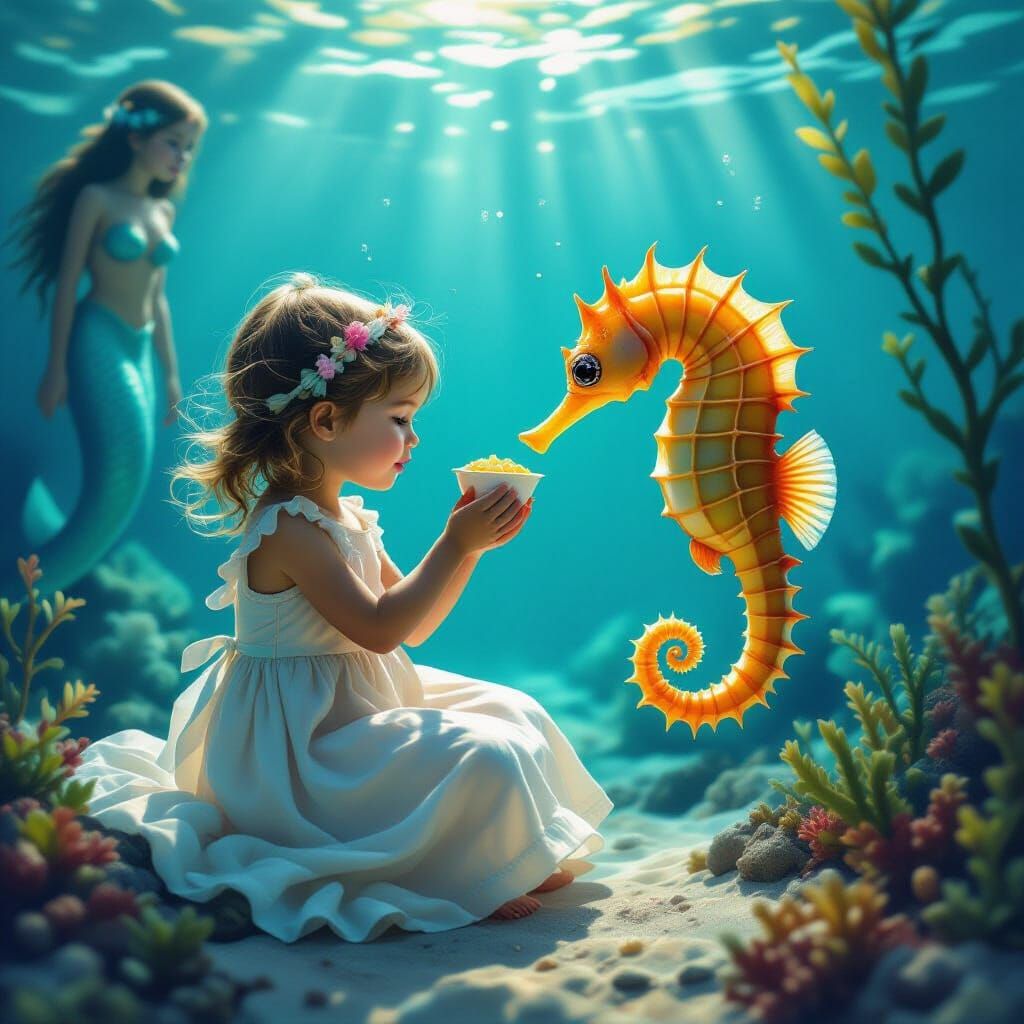 Girl Feeds Seahorse Watched by Mermaid: Hyperrealism