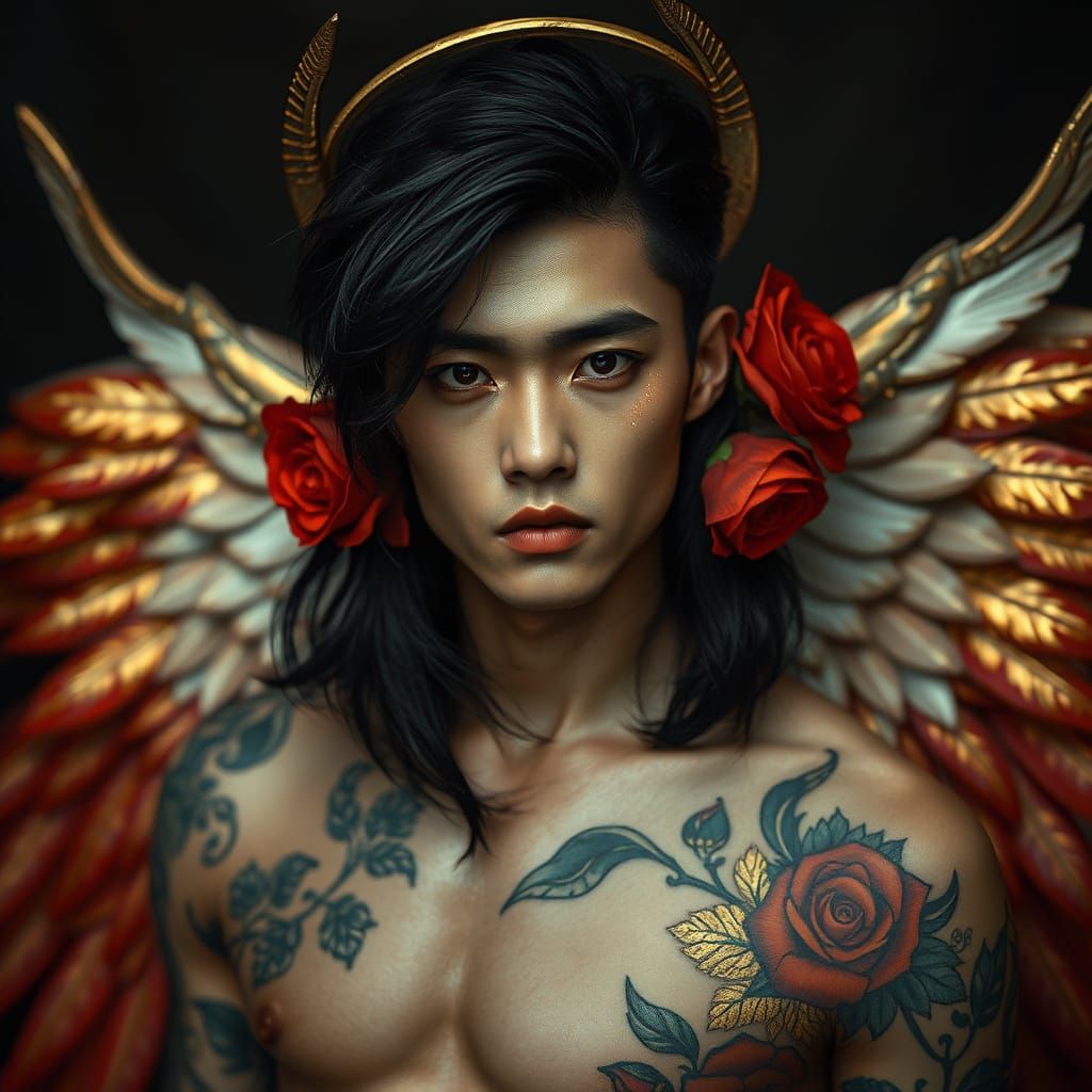 Ethereal Warrior Angel with Golden Halo and Feathery Wings