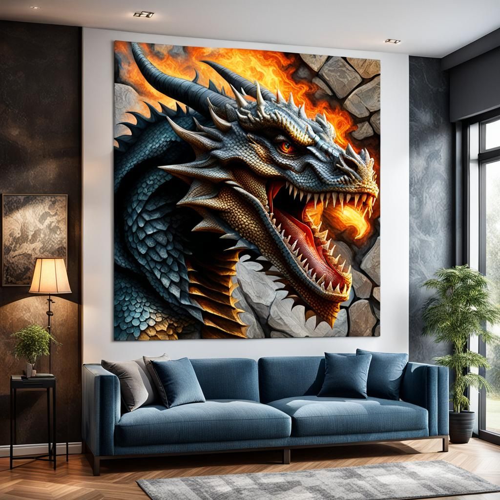 Dragon Head Wall Art: Fantasy Fire Dragon Portrait