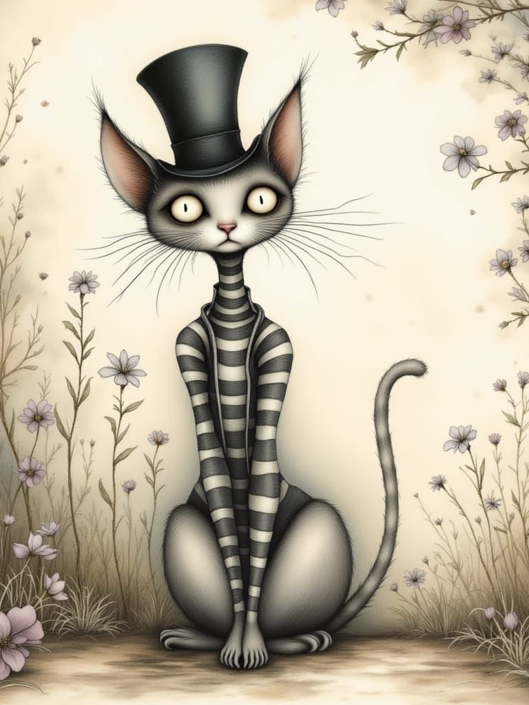 Anthropomorphic Cat in Top Hat Sits Alone Waiting For Moon