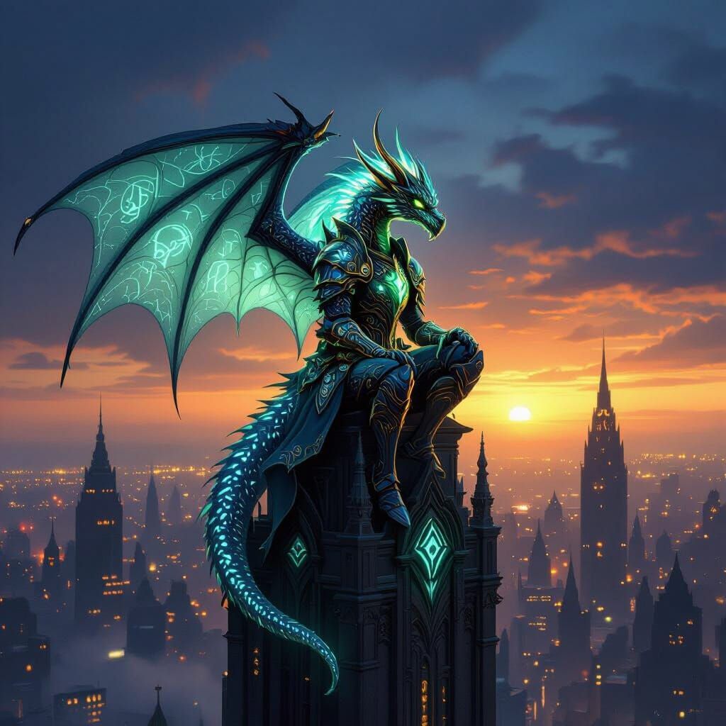 Cyberpunk Dragon Perched Atop Skyscraper