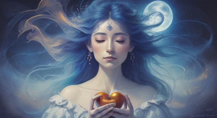 Mystical Being Holding Heart in Surrealist Landscape