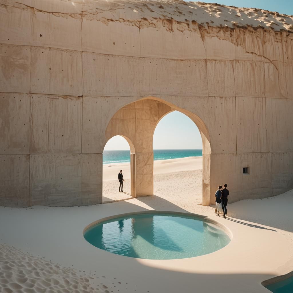 Modern Minimalist Arch and Pool in Golden Light