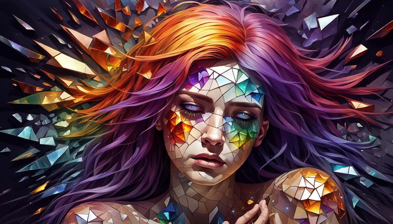 Shattered Mirror: Sad Woman with Rainbow Hair