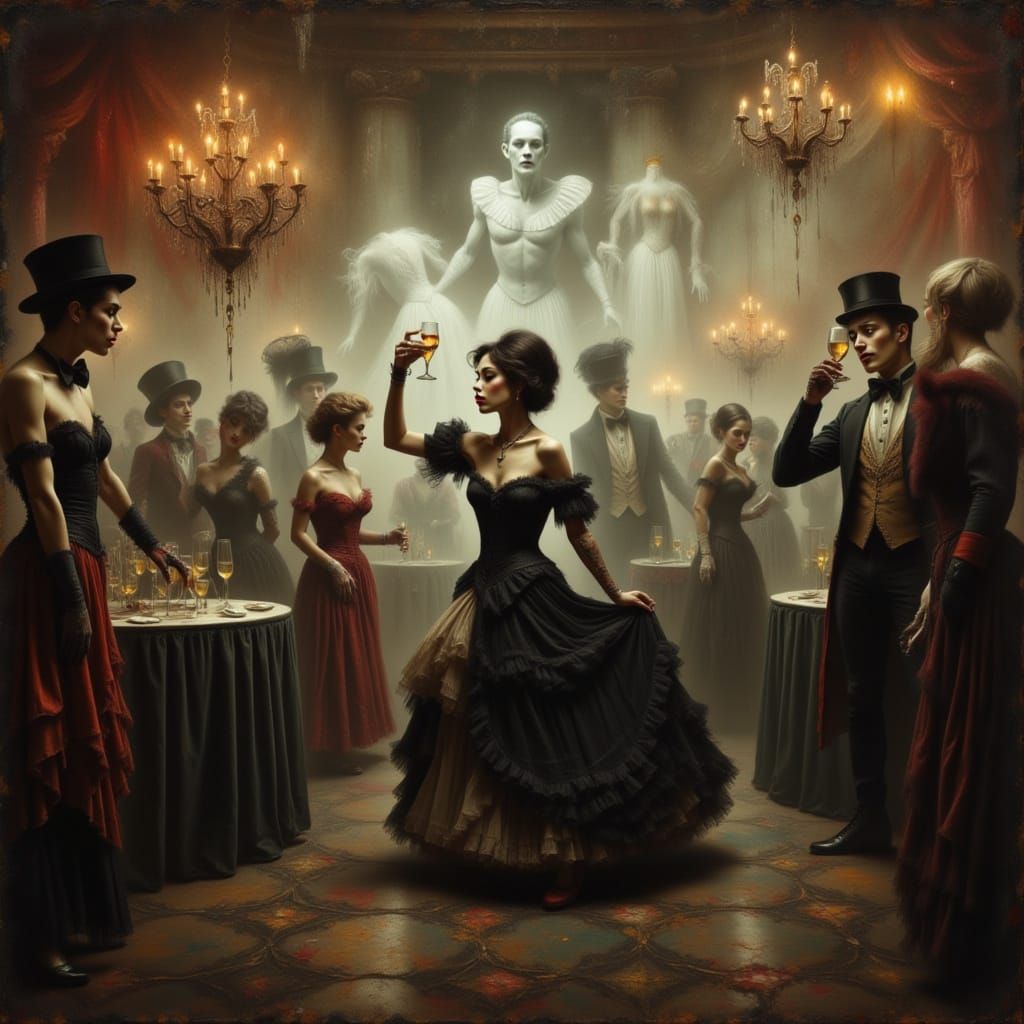 Vintage Ballroom Party Haunted by Ethereal Guests in Oil Pai...