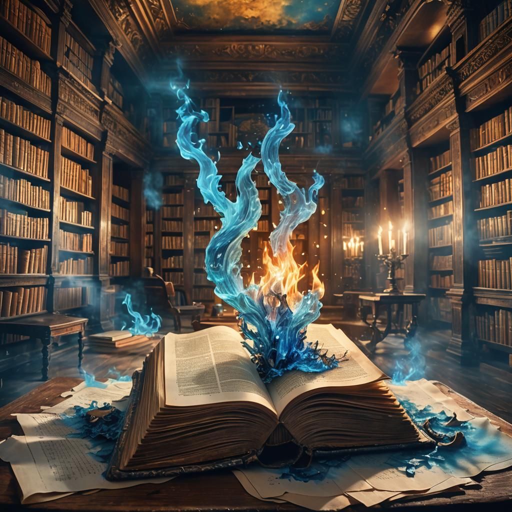 Antique Book with Blue Flame in Old Library