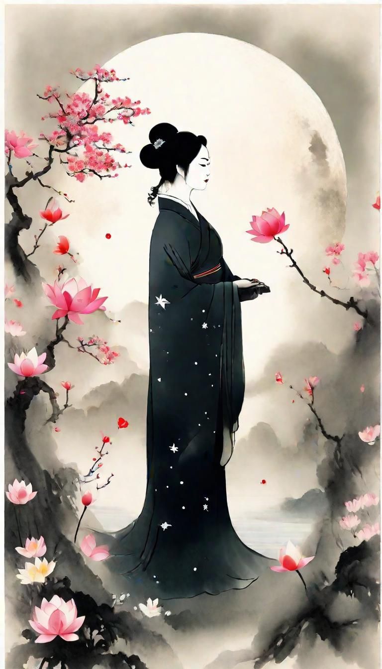 Woman with Lotus Flower: Chinese Ink Painting