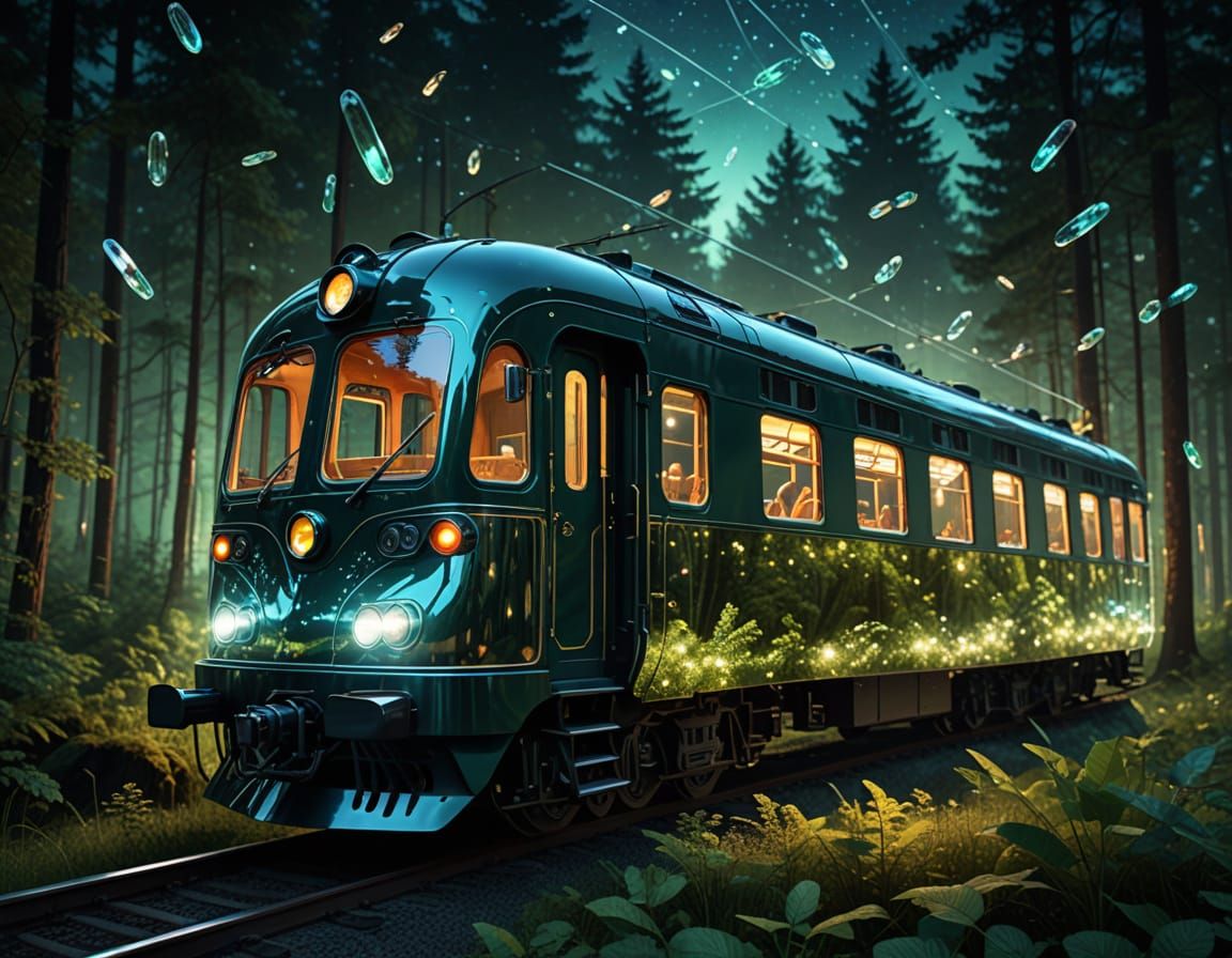 transparent glass train in beautiful night forest