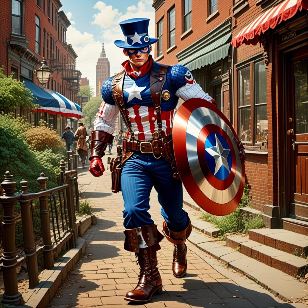 Steampunk Captain America in Victorian Brooklyn