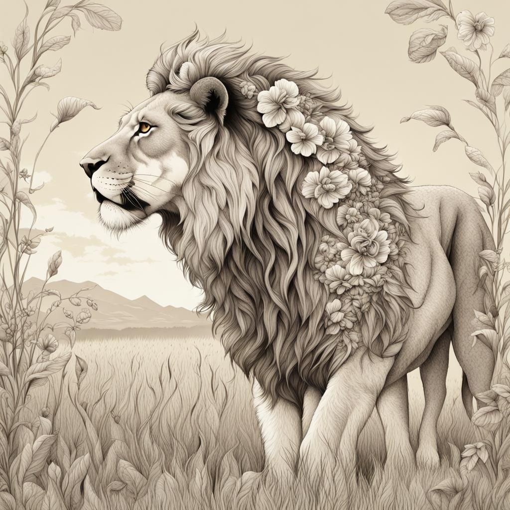 Lion with Floral Pattern in Grassland Illustration