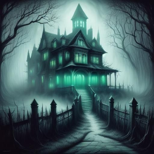 Eerie Haunted Mansion with Spectral Figures in Dark Wood