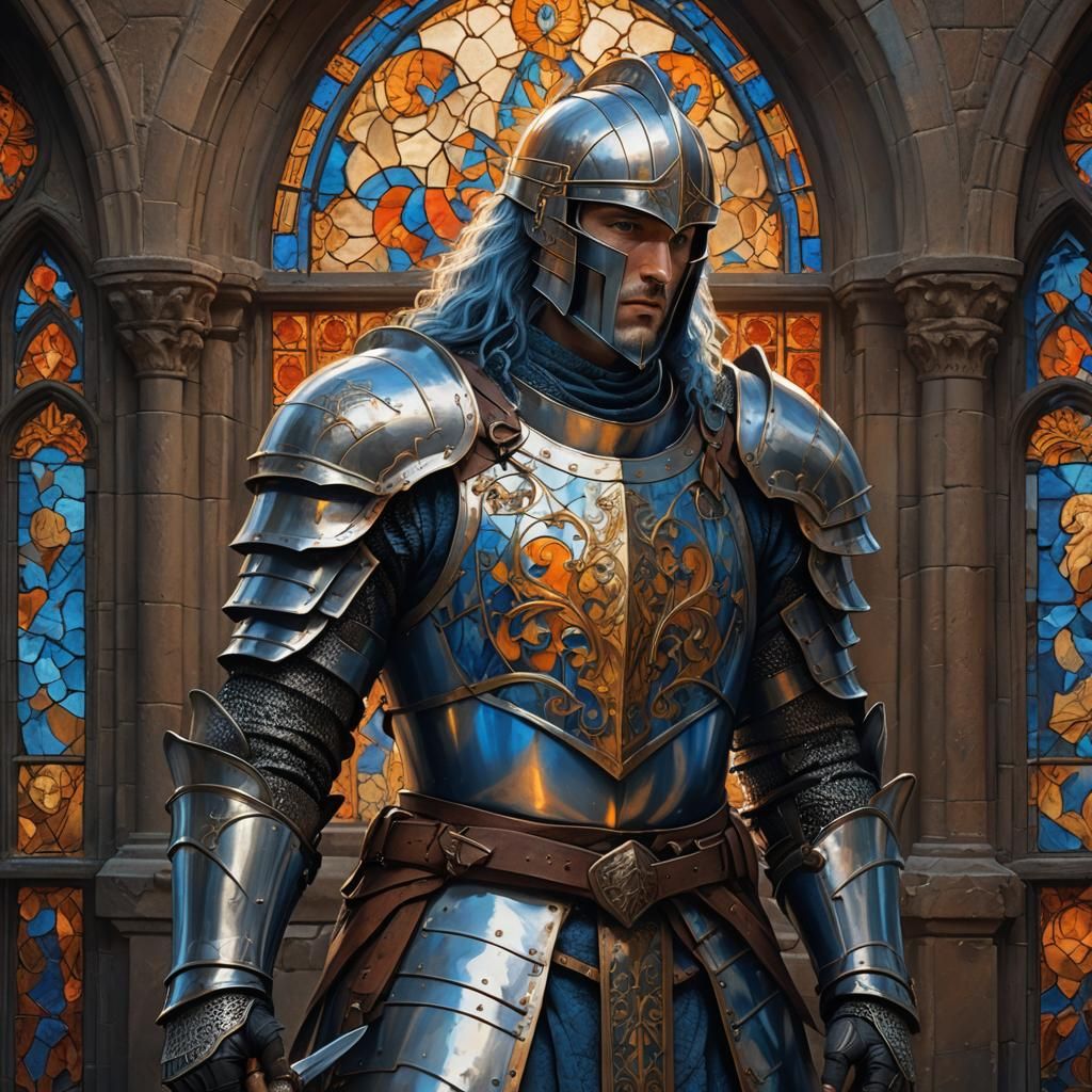 Handsome Blue-Haired Knight in Vibrant Oil Painting Style