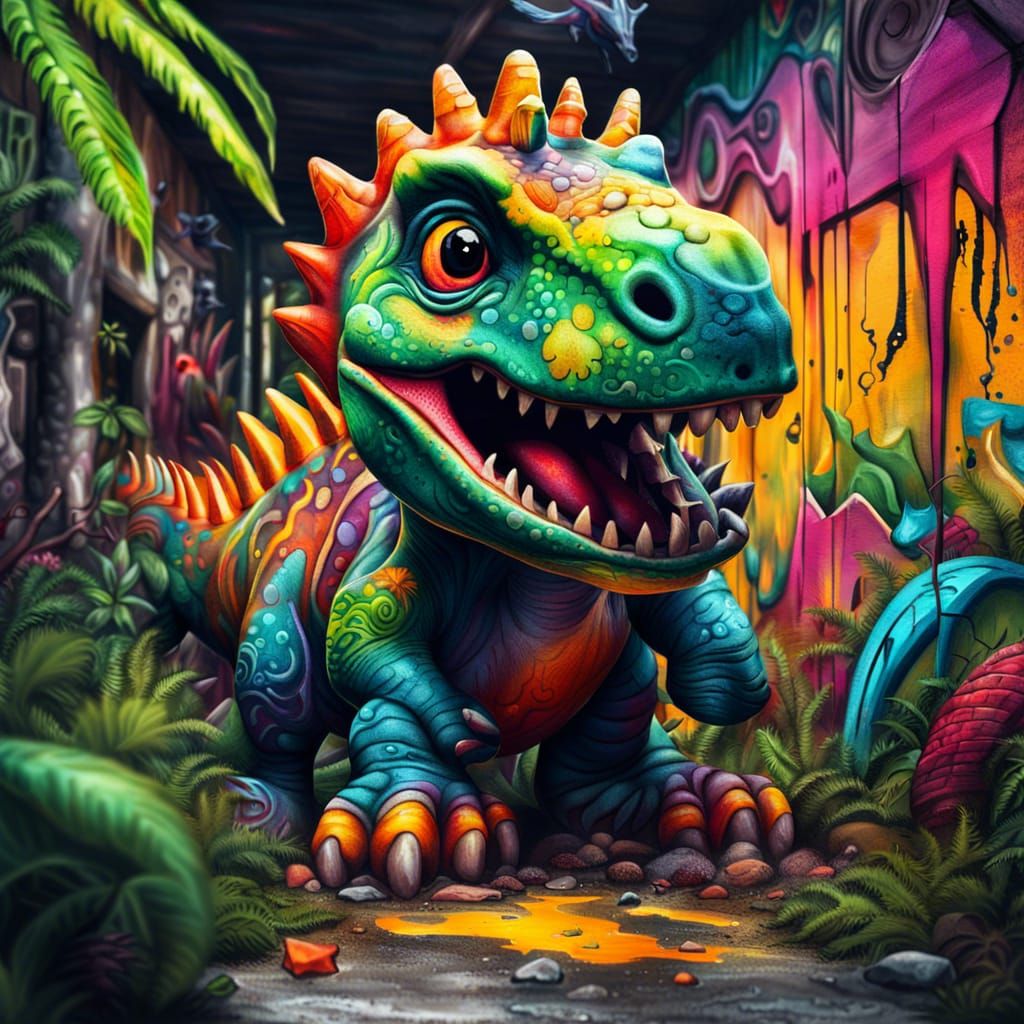 Dino in Jungle: Cute Graffiti Street Art