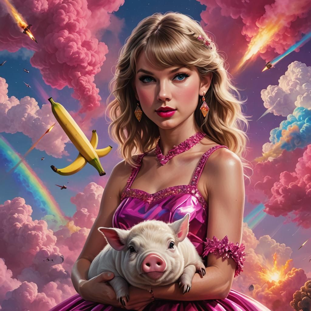 Elegant Woman with Pig, Banana, and Rocket Launcher