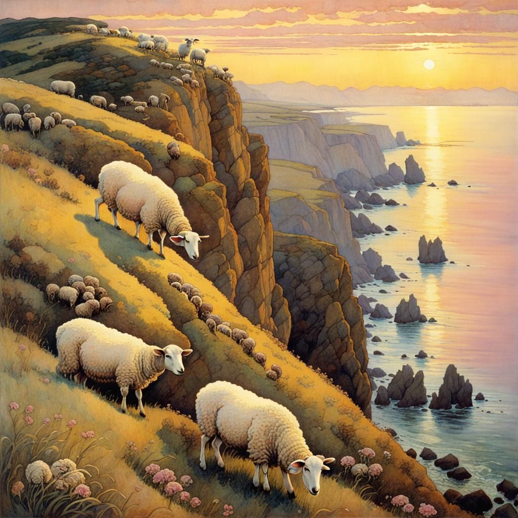 Seashore Sheep in Pink and Yellow Light