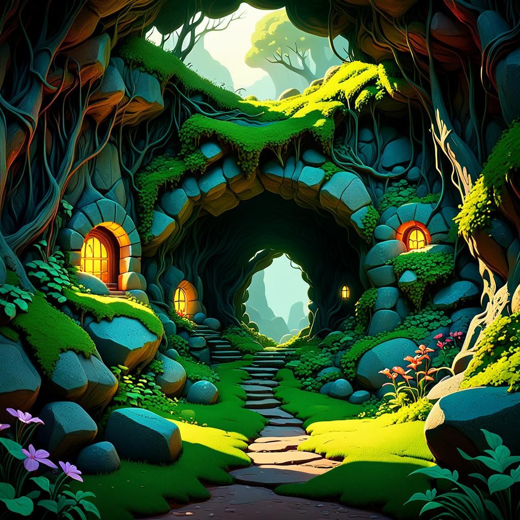 Enchanting Cave Entrance in Pixar 3D Style