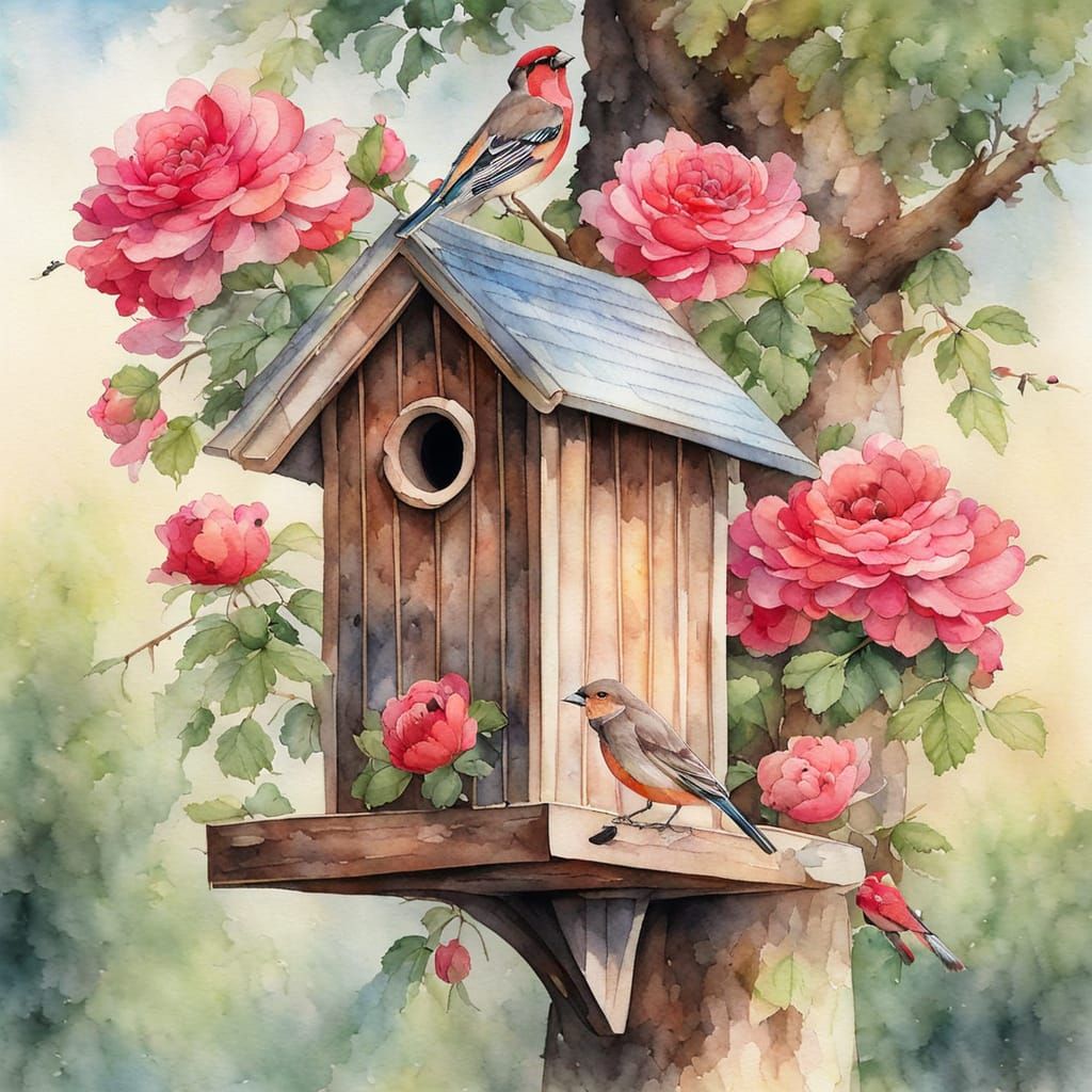 Rose Finches at Birdhouse in Watercolor