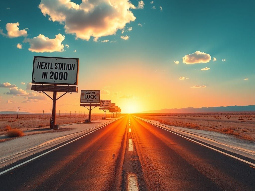 Endless Road Under Brilliant Blue Sky with Retro Billboards