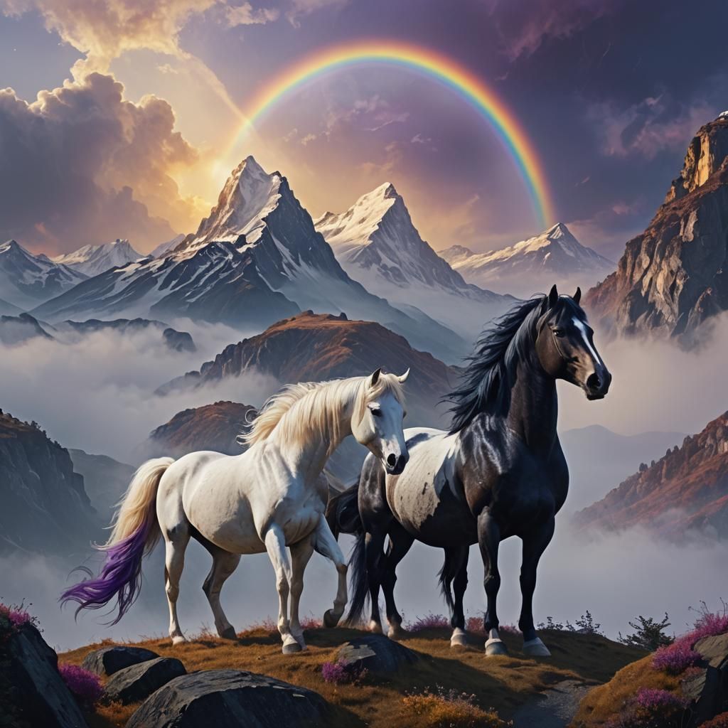 Mystical Horses on Misty Peak: Digital Art