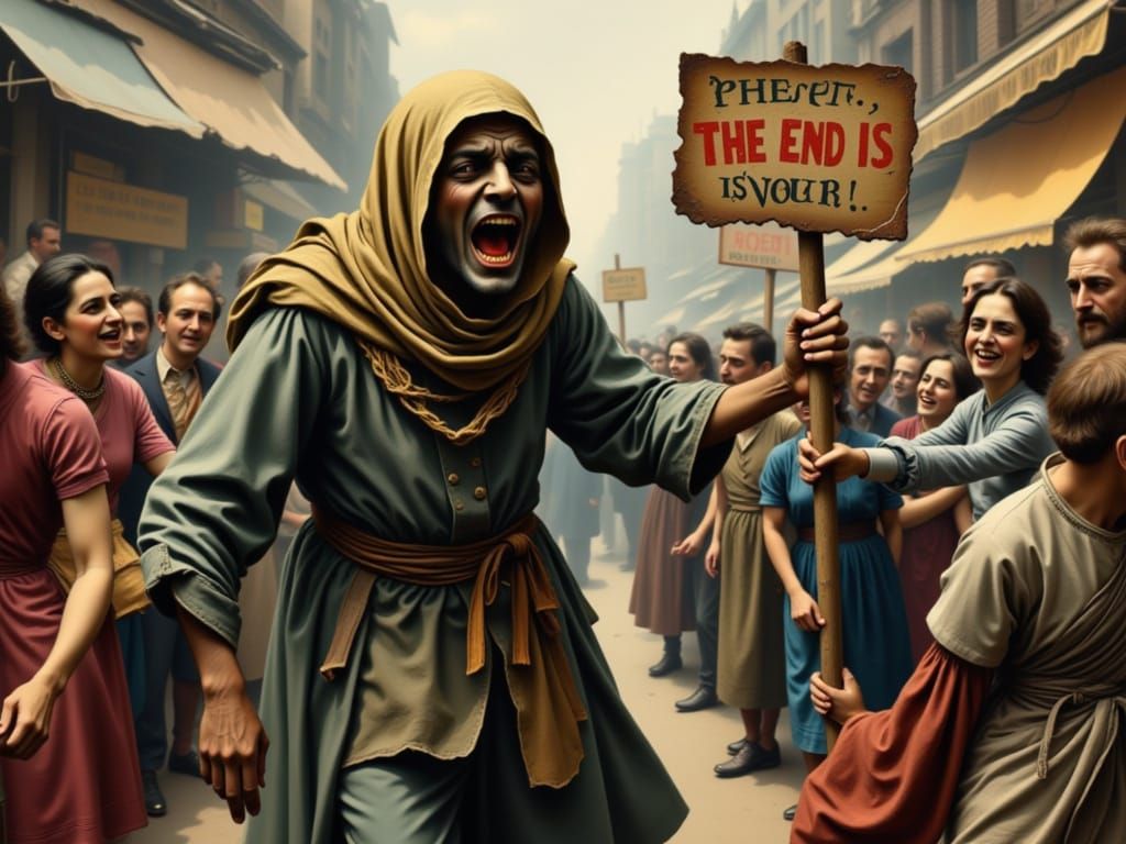 Frantic Prophet Yelling About the End in Oil Painting