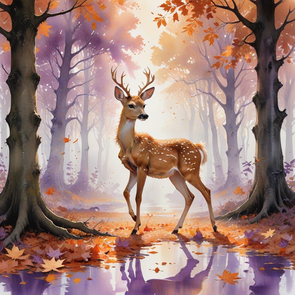 Fawn in Autumn Grove: Sumi Ink Style