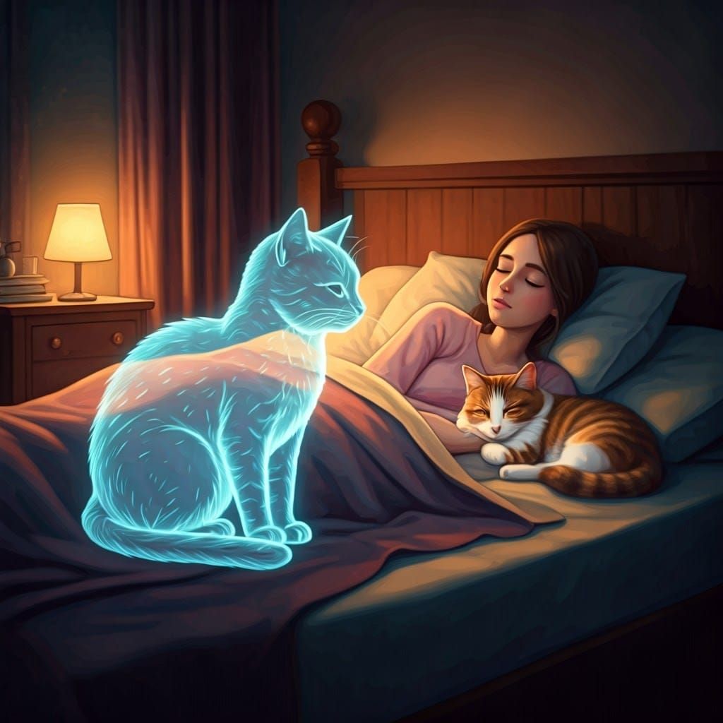 Ethereal Ghost Cat Watching Over Sleeping Woman