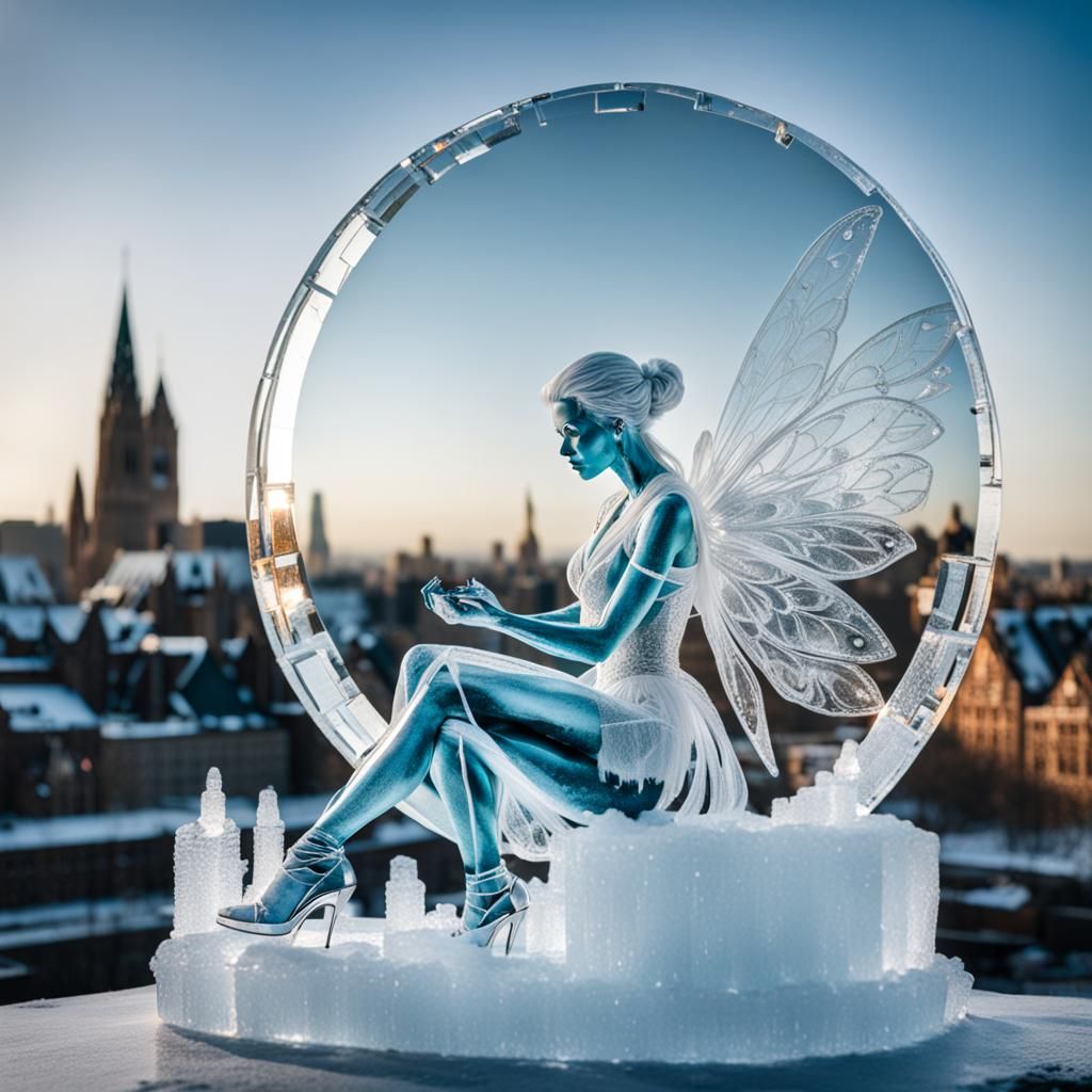 Ice Fairy Gazing at Frozen Cityscape
