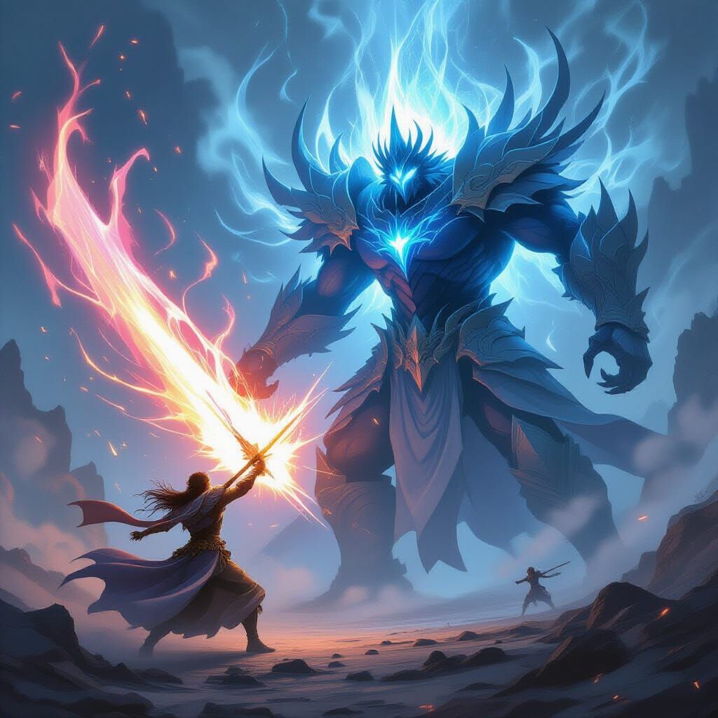 Fantasy Warrior Unleashes Energy Strike in Anime Battle Styl...