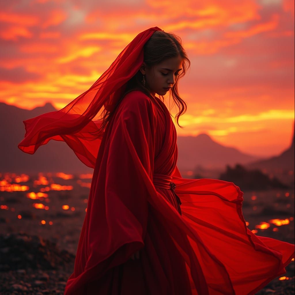 Fiery Transformation: Girl to Woman in Cinematic Style