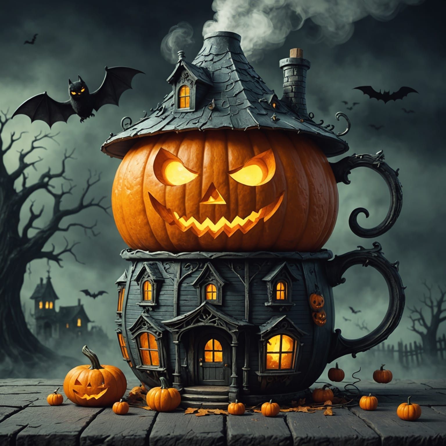 Halloween Pumpkin Mug Scene in Horror Style