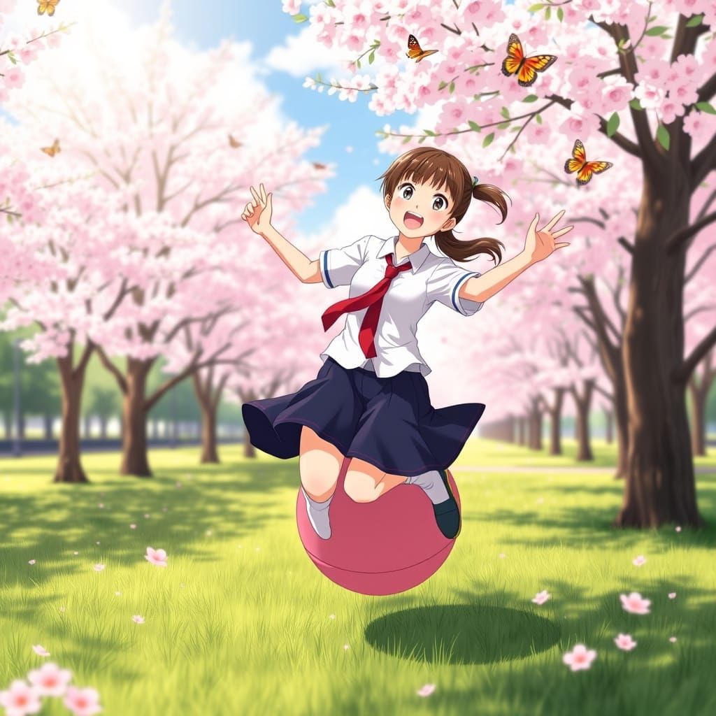 Schoolgirl Bouncing on Hopper Ball in Ghibli Style Park